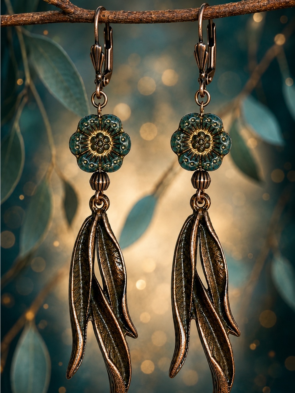Czech Glass Botanical Leaf Earrings, Premium Leverback, Artisan Dangles